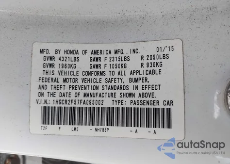 2015 Honda Accord Sport z USA, uszkodzony, nr VIN 1HGCR2F57FA095002